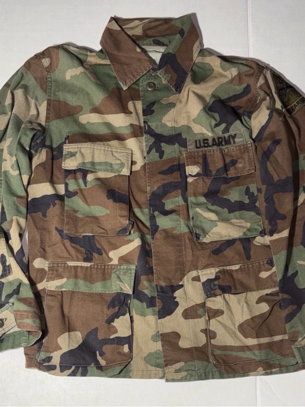 Upcycled Woodland Vintage Camo Jacket with Sequin Wildcat Back Patch
